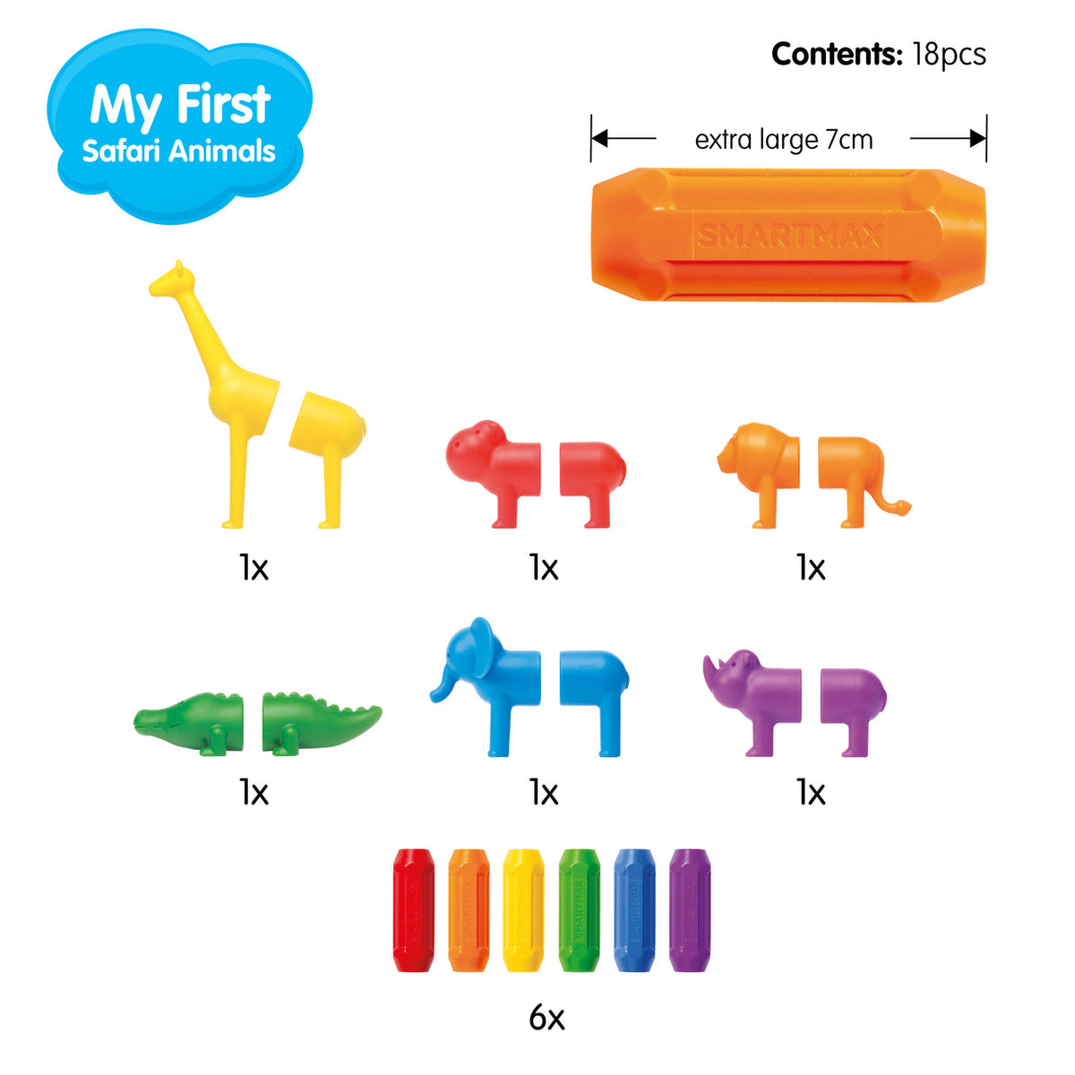 Set of colorful animal figurines with packaging details on a white background