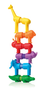 Colorful animal toy stacker with giraffe, monkey, elephant, and crocodile on a white background