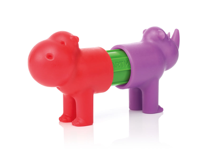 Colorful hippo-shaped toy with red, green, and purple colors on a white background