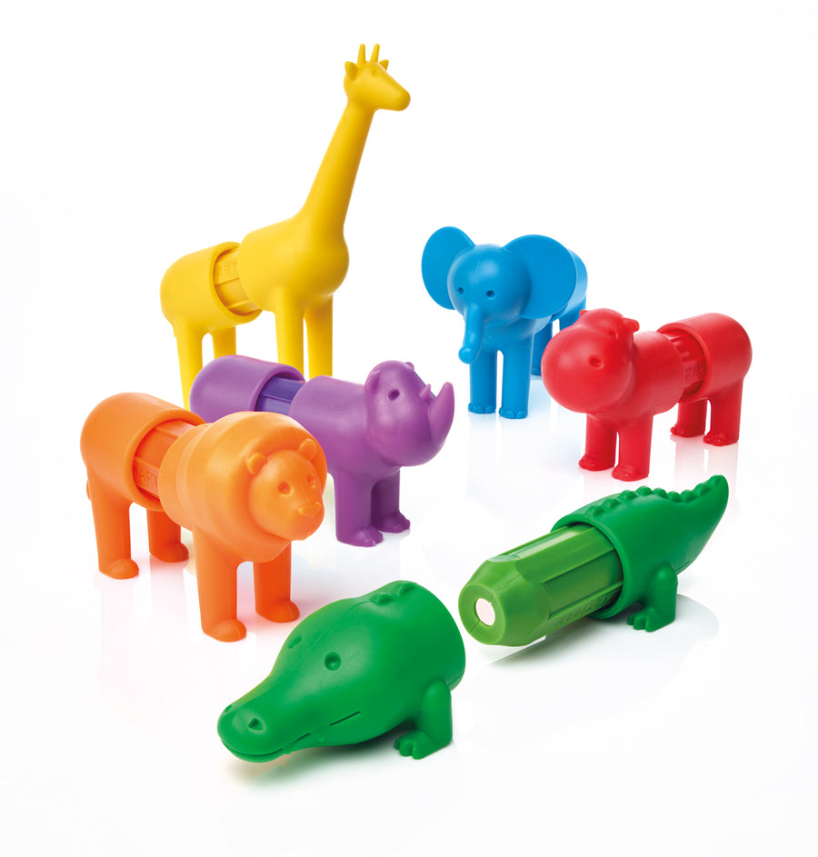 Set of colorful animal-shaped markers on a white background