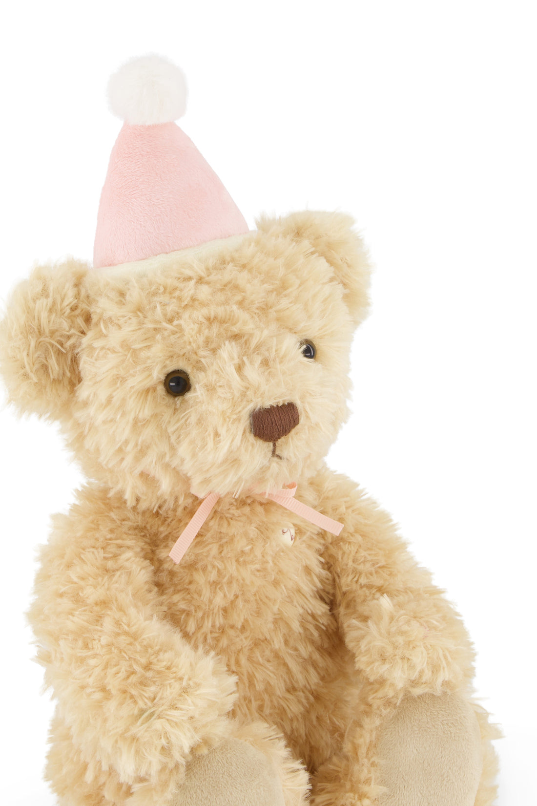 Teddy bear wearing a pink party hat on a white background