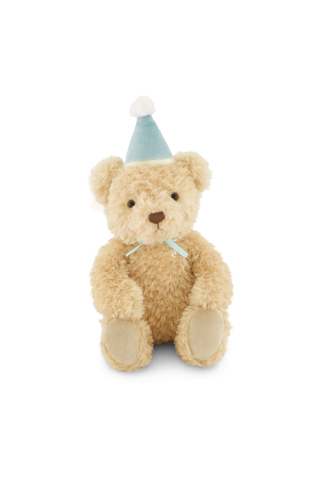 Teddy bear wearing a blue party hat on a white background