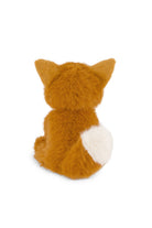 Rear view of the plush toy fox showing its fluffy rust-colored fur and bushy tail with a white tip, set against a plain white background.