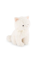 A plush white kitty toy with soft, fluffy fur, round black button eyes, a stitched nose, and a small cream-colored bow under its chin, presented against a clean white background.
