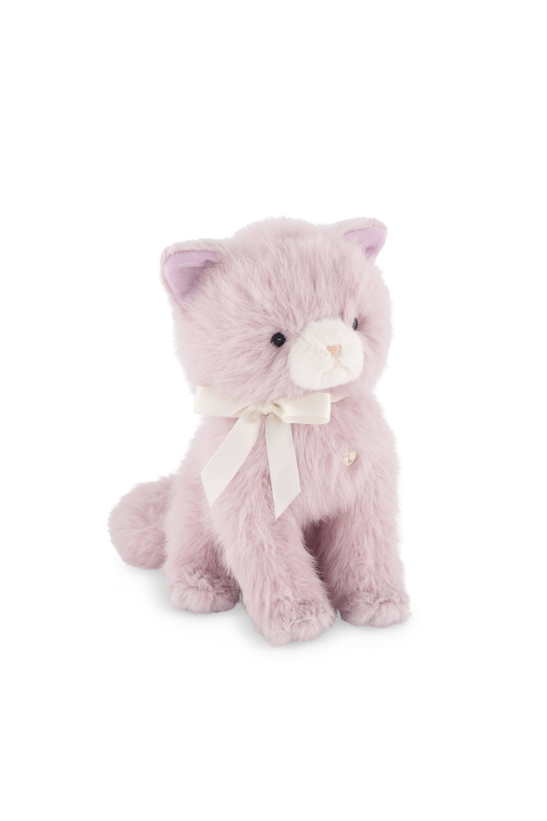 Jamie Kay's Moon the Kitty plush toy featuring soft violet-toned fur, a white face patch, embroidered facial features, and a cream-colored satin bow tied around its neck.