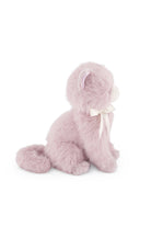 Side view of Jamie Kay's Moon the Kitty plush toy, showing its soft violet-toned fur and cream-colored satin bow.