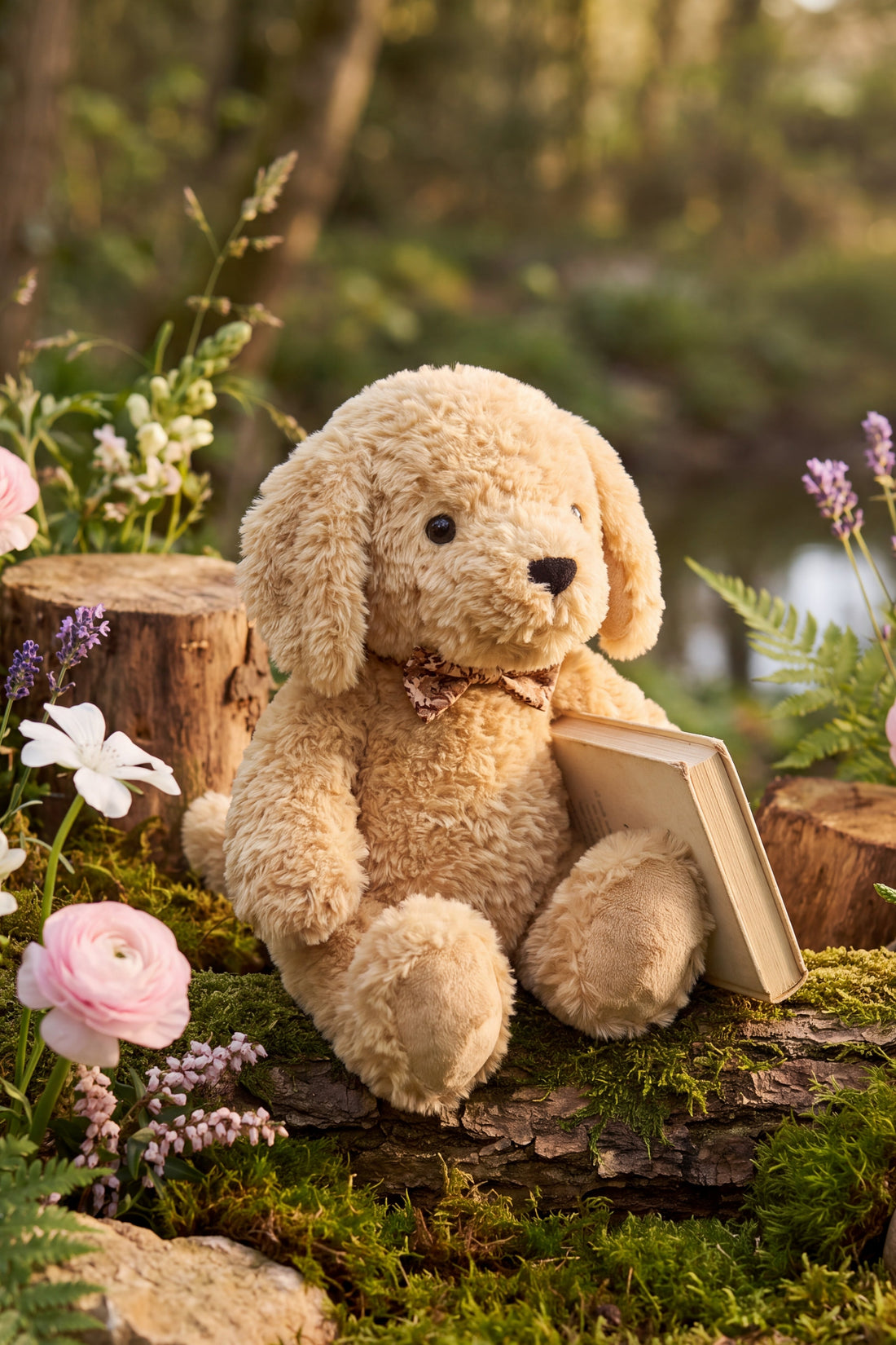An eye-level studio product shot of the "Snuggle Bunnies - Honey the Puppy by Jamie Kay" plush toy sitting upright next to a miniature hardcover book in an enchanted woodland setting. The puppy is made of soft, textured honey-toned faux fur with long floppy ears, shiny dark brown button eyes, a stitched dark brown nose, and a checkered ribbon collar. The rustic outdoor scene is styled with green moss, ferns, and delicate pink and white wildflowers at the base.