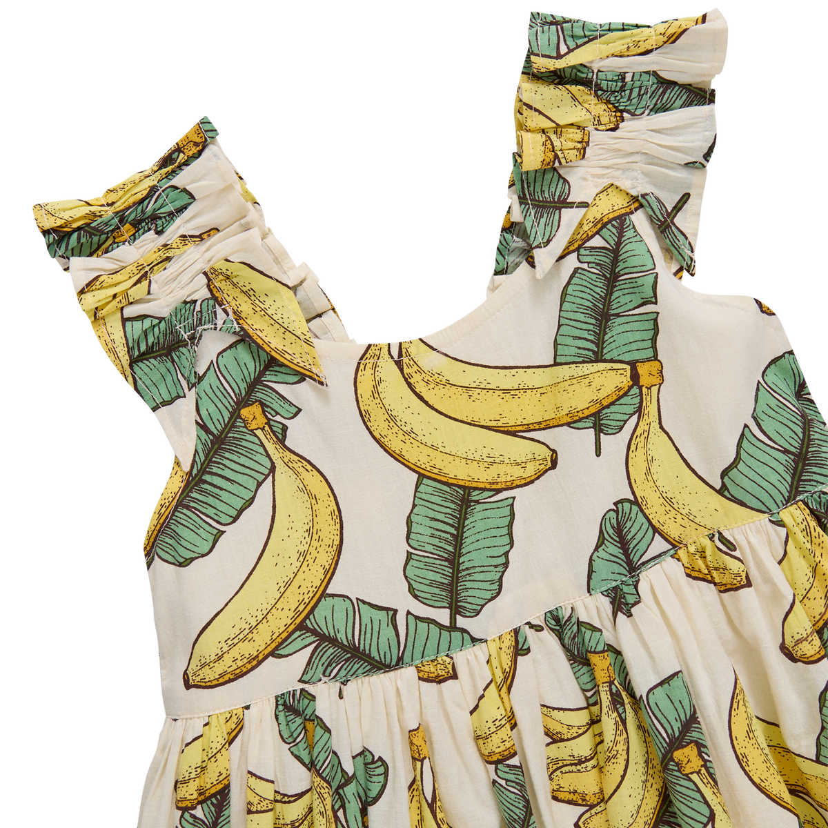Dress with banana and leaf pattern on a white background