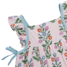 Floral dress with ruffled sleeves and light blue straps on a white background