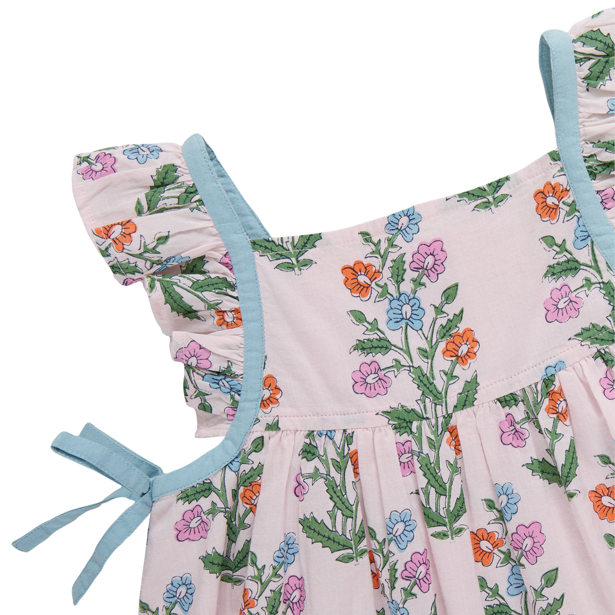 Floral dress with ruffled sleeves and light blue straps on a white background