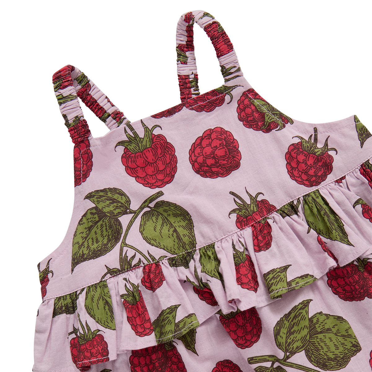Children's dress with raspberry pattern on a white background