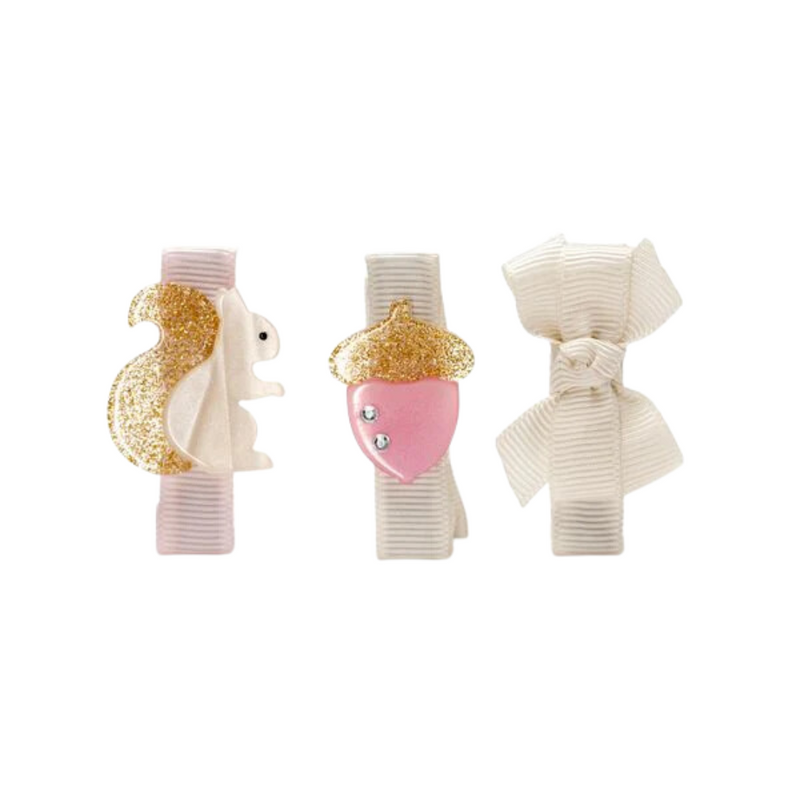 Squirrel, Acorn and Bow Hair Clips by Lilies & Roses NY