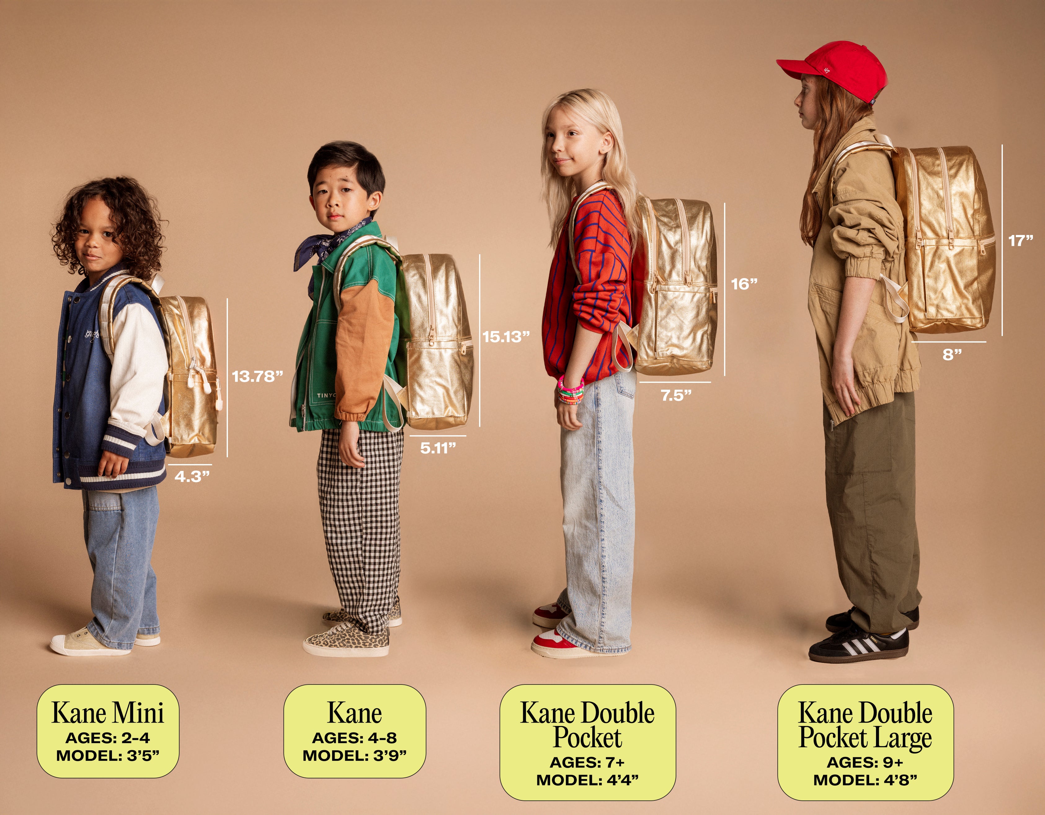 Four children standing side by side wearing different sizes of a metallic gold backpack, with height measurements and model labels shown on a beige background.