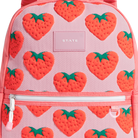 Pink backpack with strawberry pattern and 'STATE' brand logo.