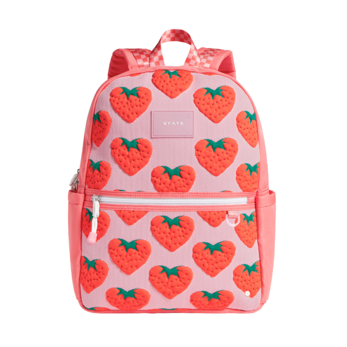Pink backpack with strawberry pattern on a white background