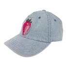 Light blue denim cap with a pink strawberry embroidered on a white background