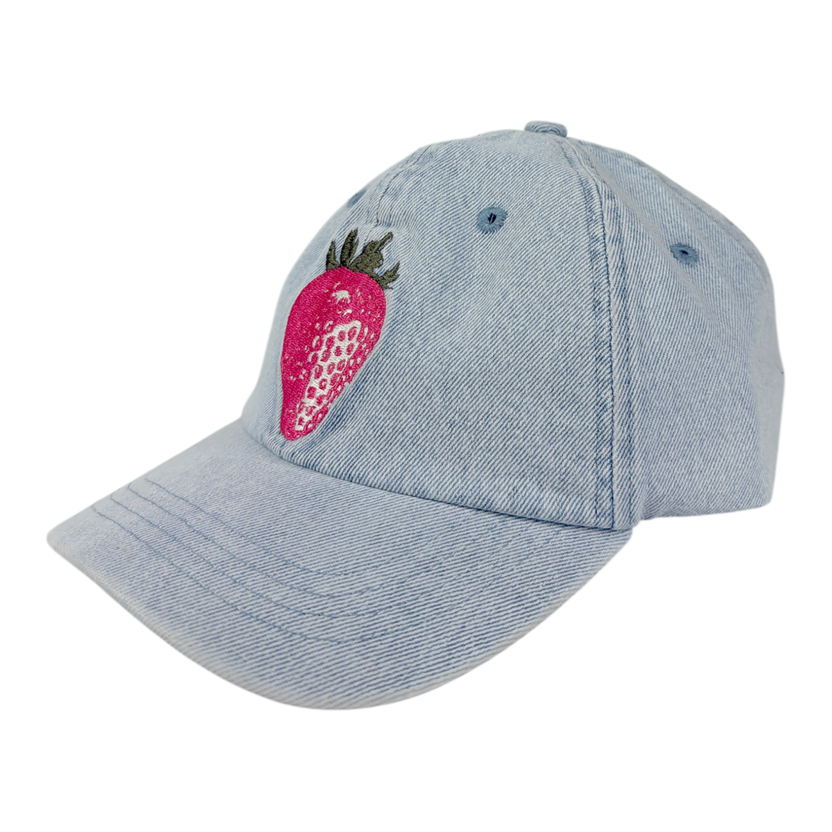 Light blue denim cap with a pink strawberry embroidered on a white background