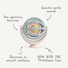 A product feature graphic of the Mushie Suction Spinner Ball pointing out its fun spinning function, gentle rattle sound, suction base, and BPA-free materials.