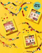 Colorful beaded necklaces and jewelry sets on a yellow background with 'Super World' packaging.