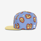 Blue cap with sun pattern and yellow brim on a white background