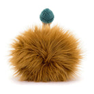 Furry brown ball with a teal top on a white background