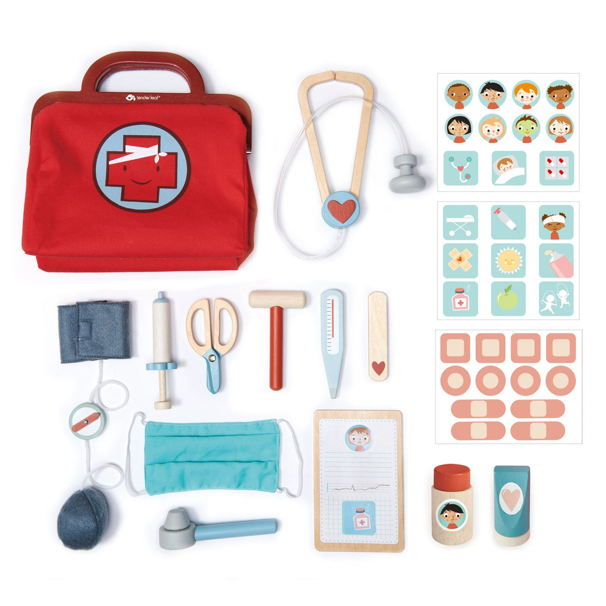 Children's toy doctor set with red bag, stethoscope, and various medical tools on a white background.