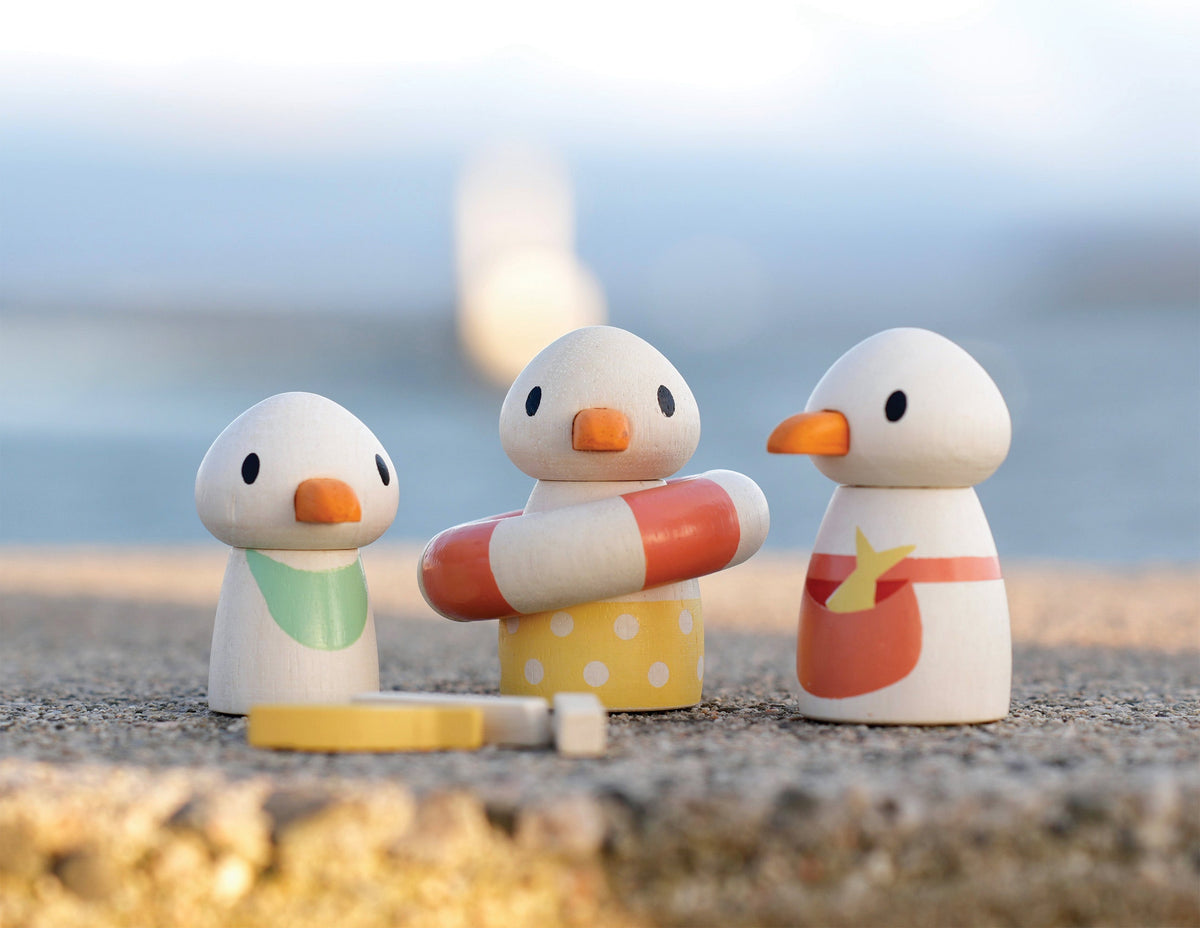 Three wooden duck figurines on a beach with a blurred background