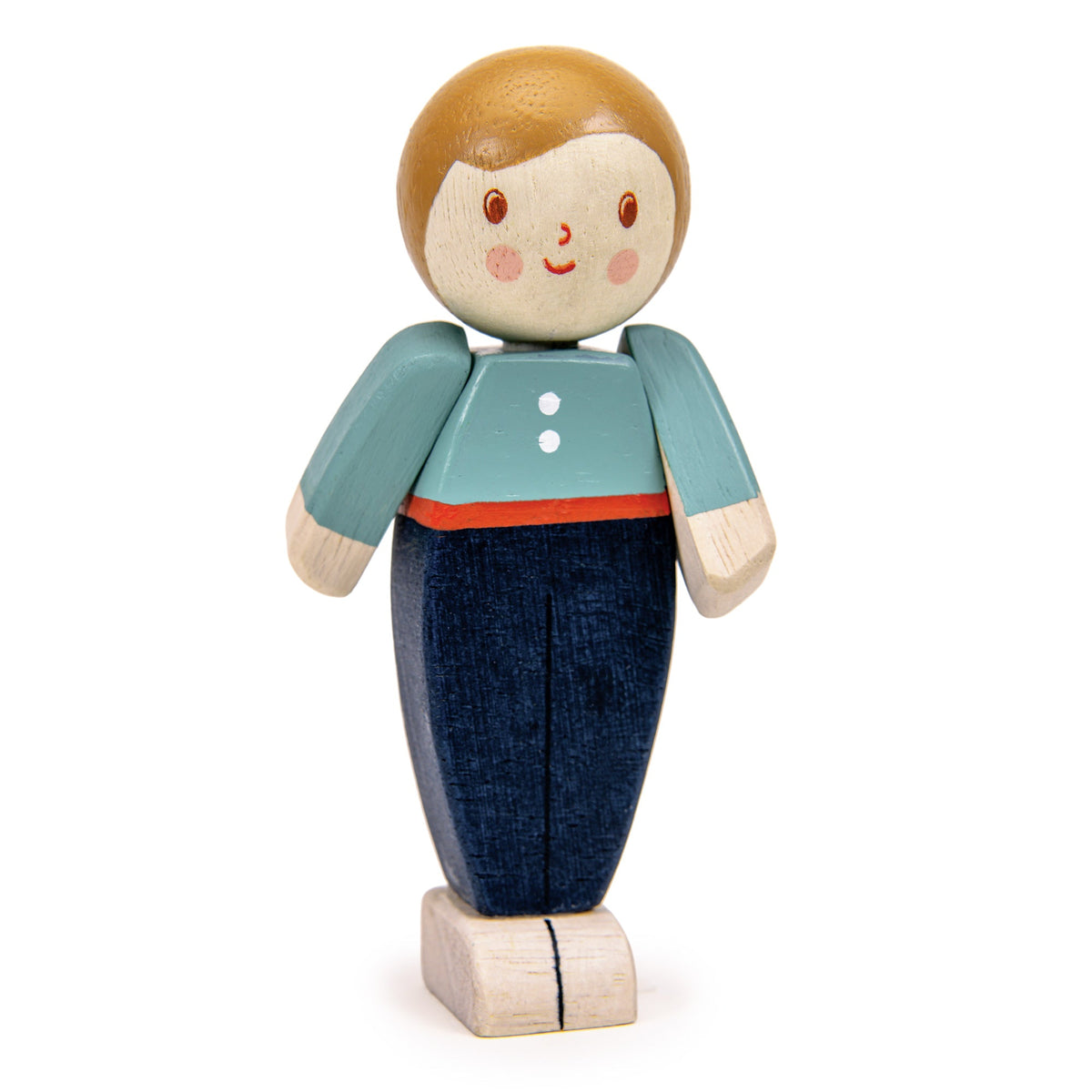 Wooden toy figure of a child wearing a blue shirt and dark pants on a white background