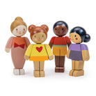 Set of four wooden toy figures with different hairstyles and clothing on a white background