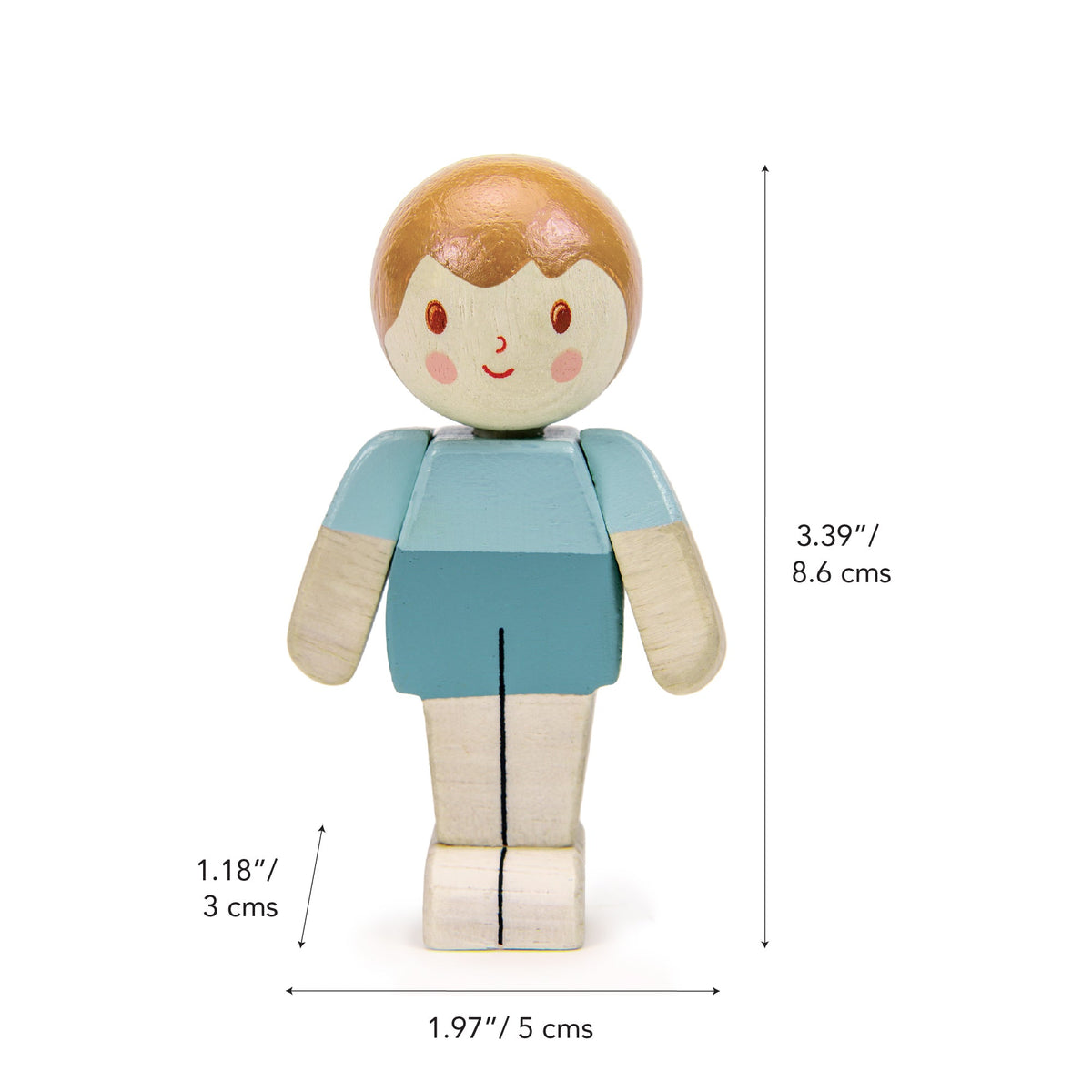 Wooden toy figure with measurements on a white background