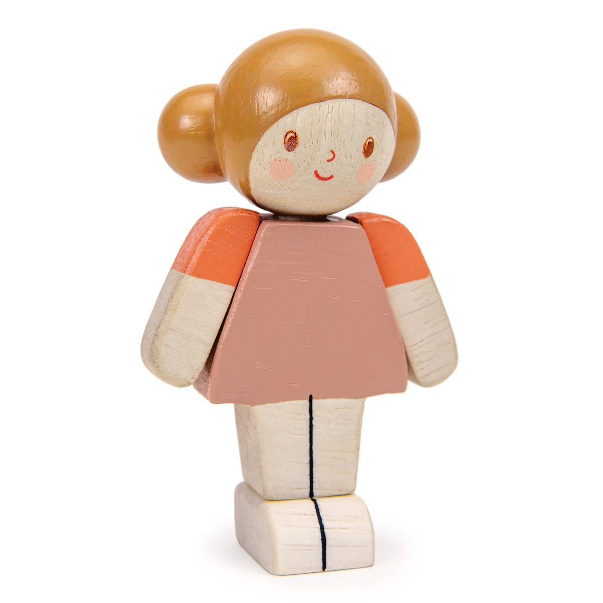 Wooden toy figure of a girl with orange top and beige skirt on a white background