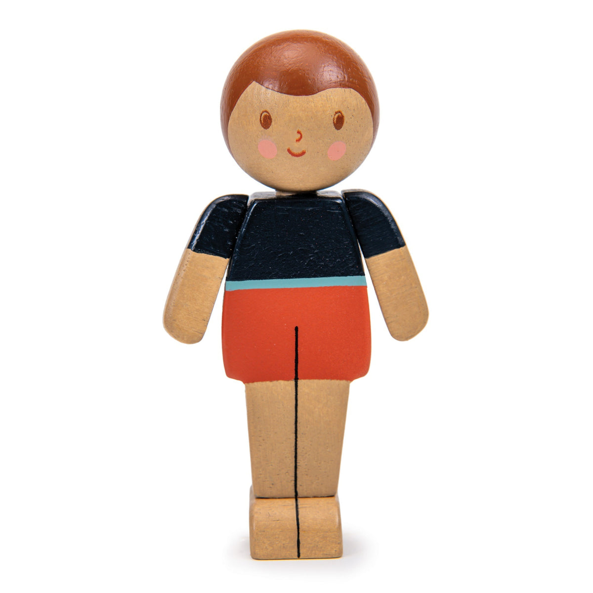 Wooden toy figure with a black and orange outfit on a white background