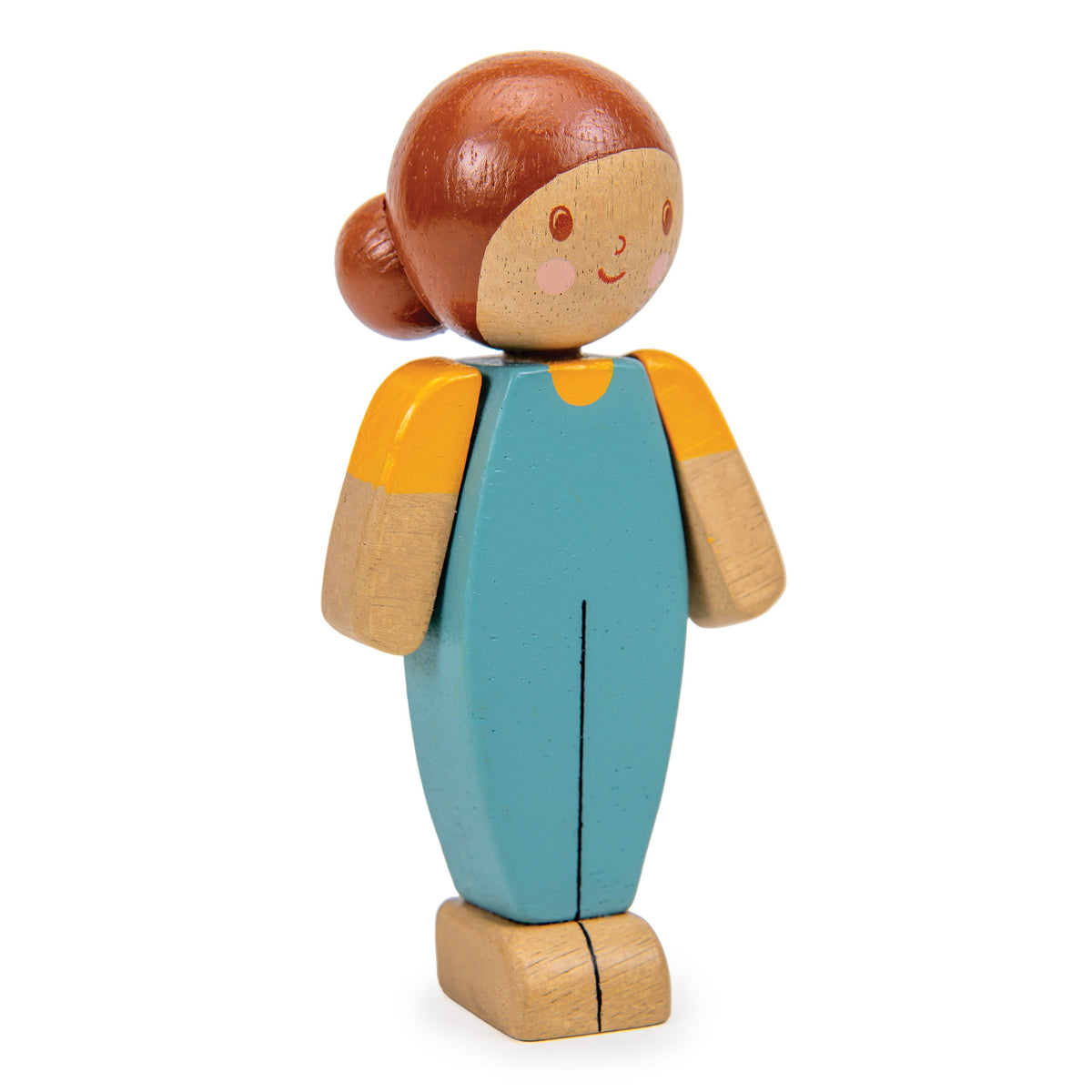 Wooden toy figure of a girl with brown hair, wearing a blue dress and yellow shirt on a white background.