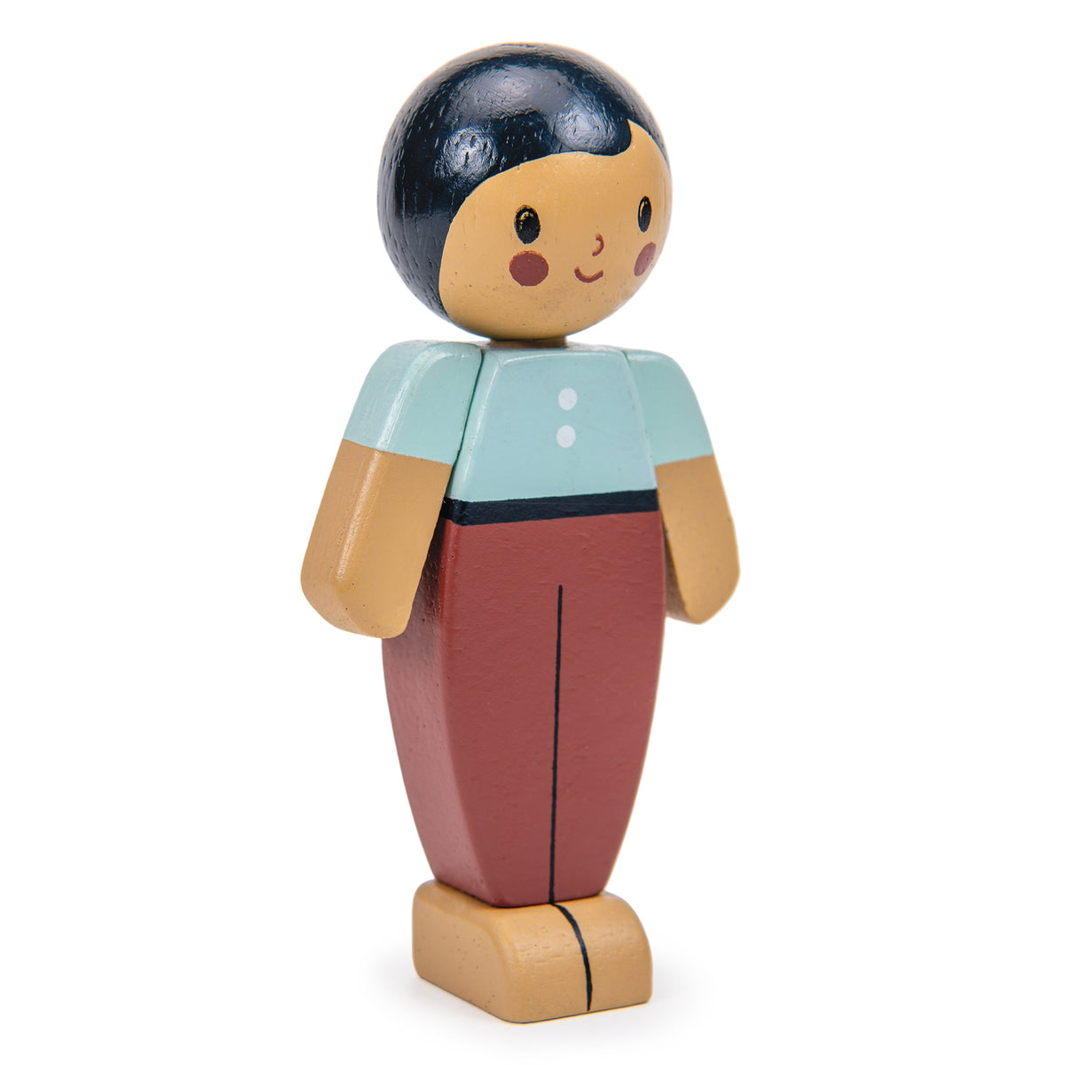 Wooden toy figure with a blue shirt and red pants on a white background