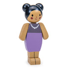Wooden toy figure of a girl with a purple dress on a white background