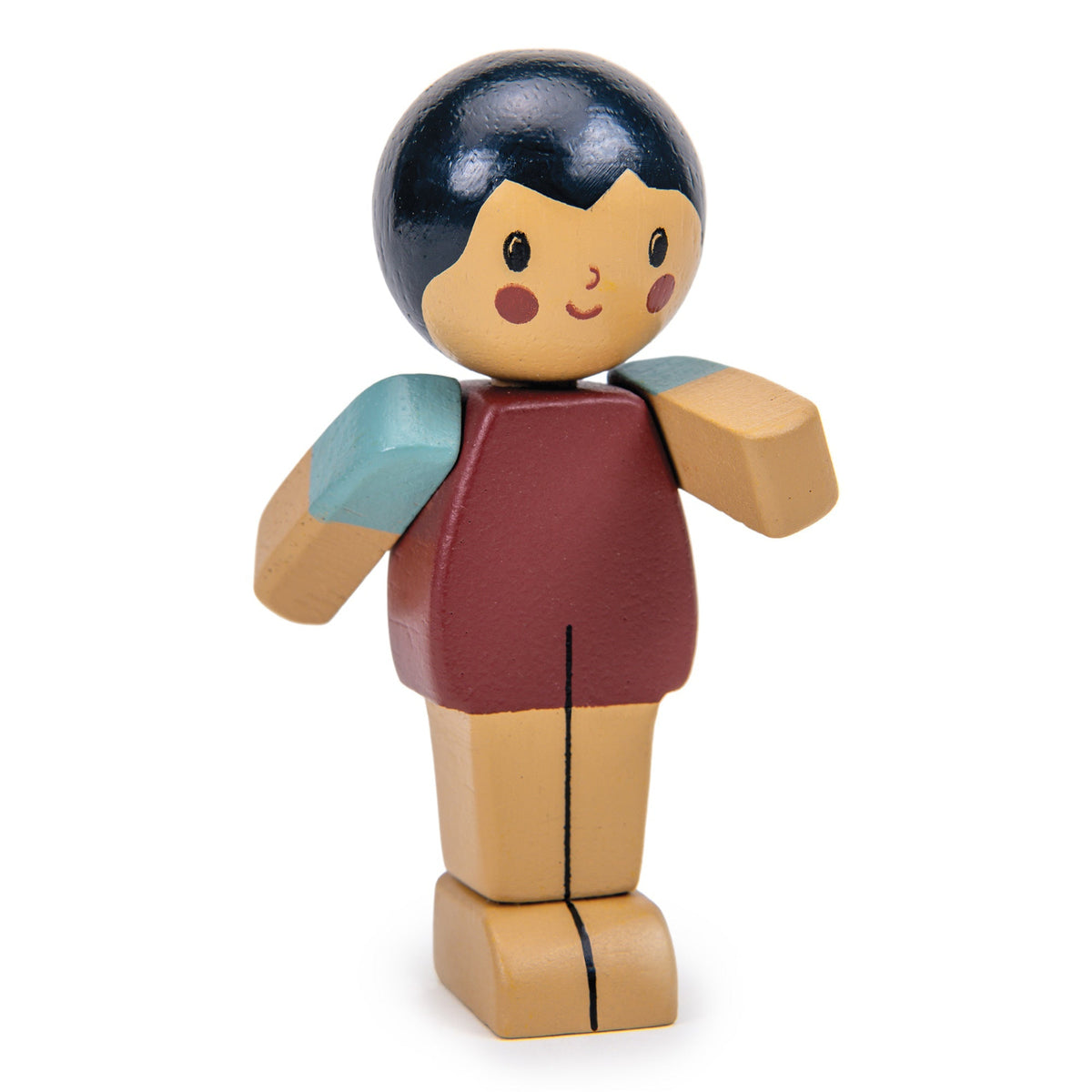 Wooden toy figure with a maroon shirt and blue sleeves on a white background