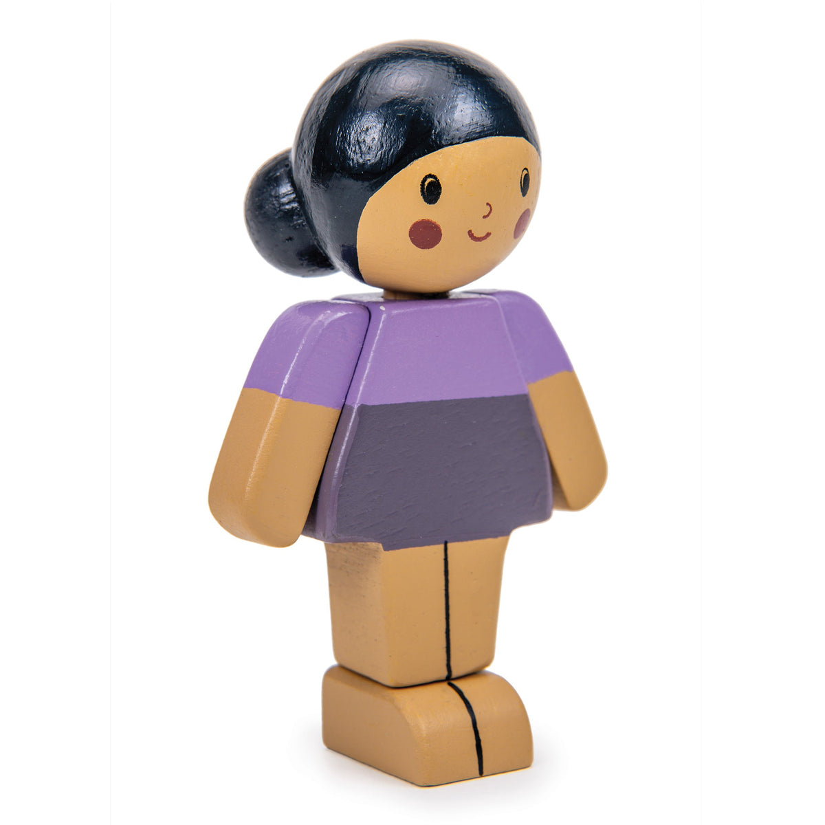 Wooden toy figure with a purple top and brown skirt on a white background