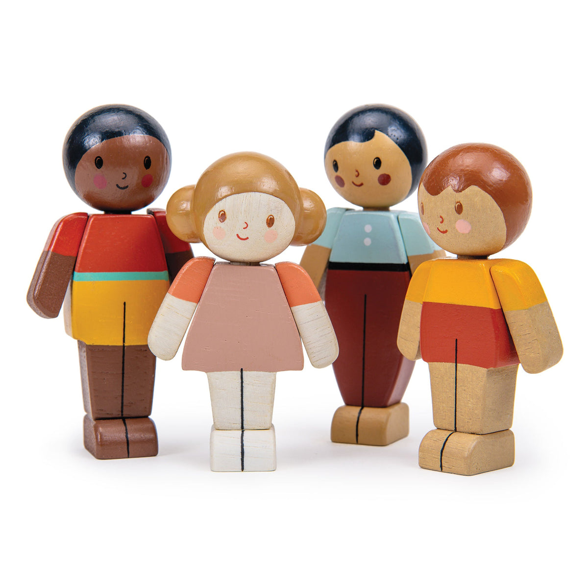 Set of wooden toy figures with colorful clothing on a white background
