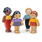 Set of four wooden toy figures with different hairstyles and clothing on a white background