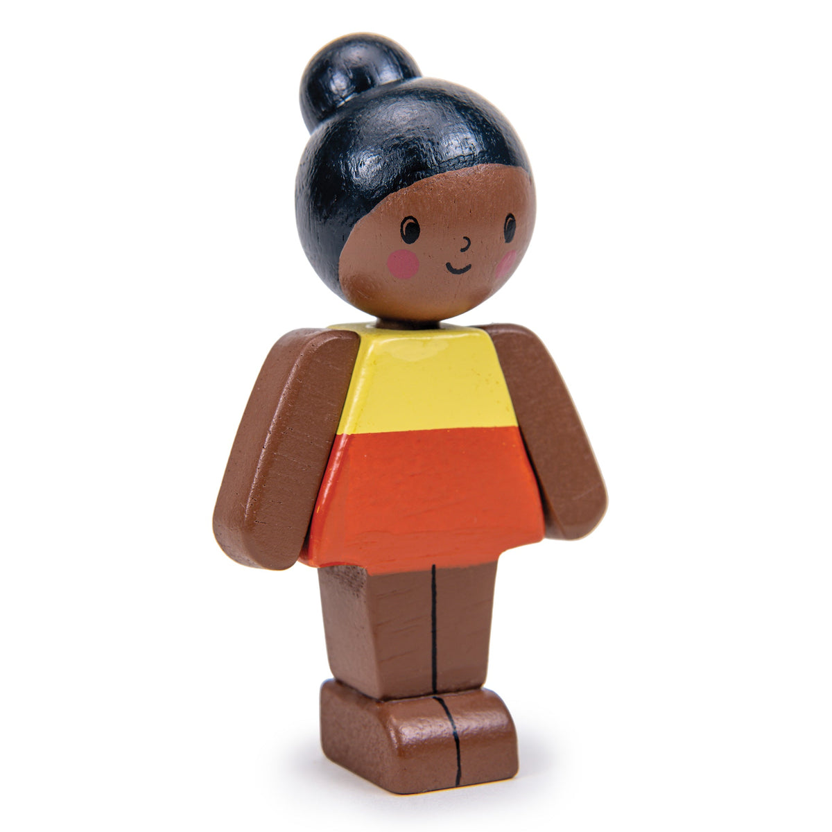Wooden toy figure of a girl with a colorful striped shirt on a white background