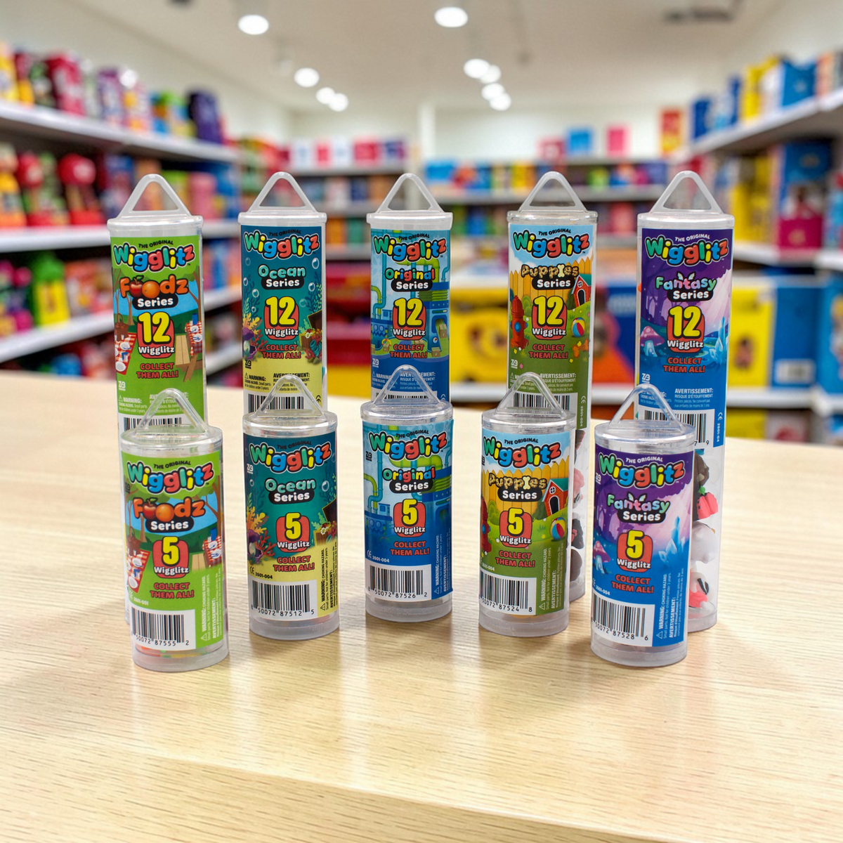 Assorted Wiggles toy packaging on a store shelf