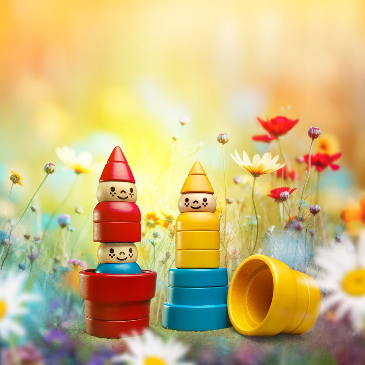 Colorful toy stackers with a blurred floral background