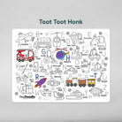 Coloring sheet with transportation-themed illustrations and 'Toot Toot Honk' text on a gray background.