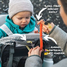 Child in a stroller with a carabiner attached, highlighting features like long strap, carabiner locks, and rugged materials.