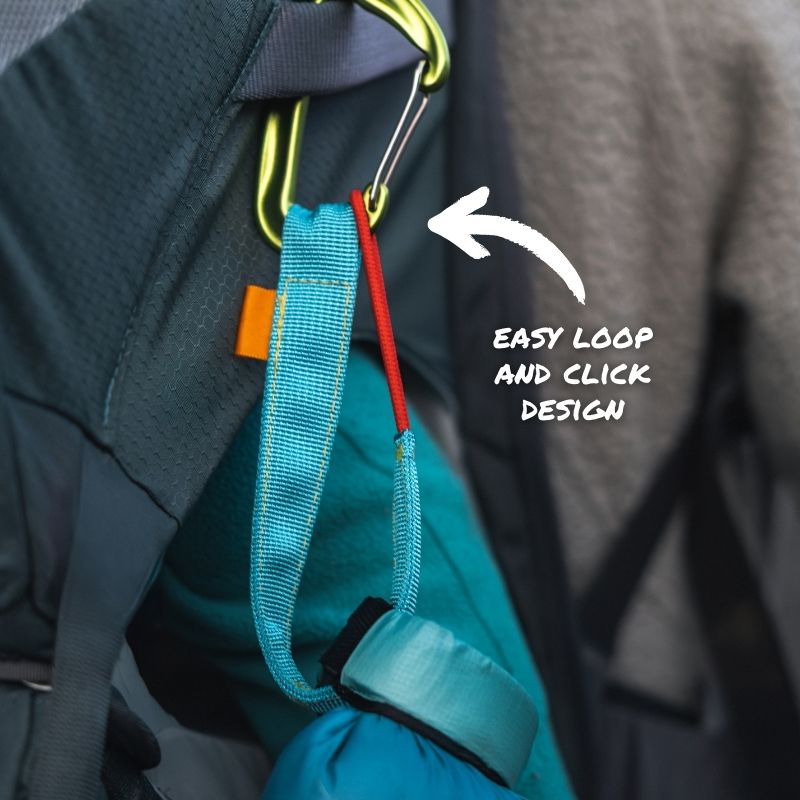 Close-up of a backpack with a blue strap and yellow carabiner, labeled 'Easy Loop and Click Design'.