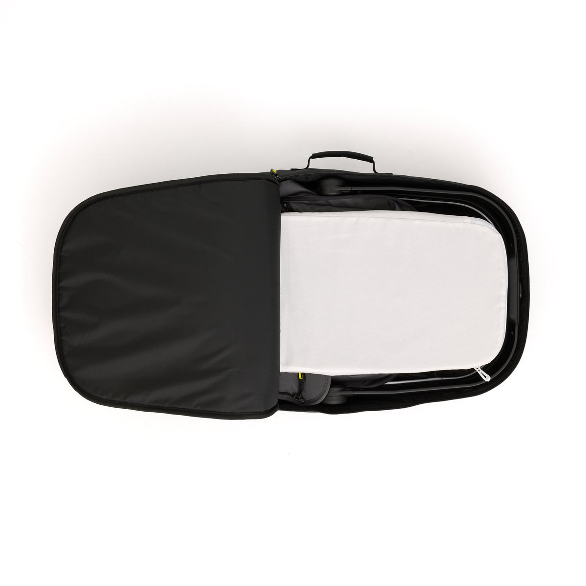 Black carrying case with handle on a white background