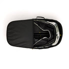 Black travel bag with a white baby stroller inside on a white background