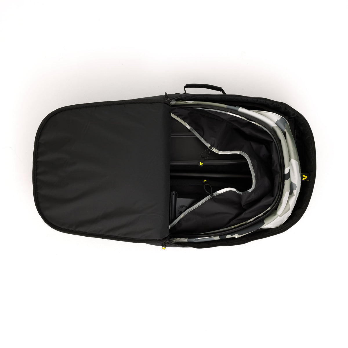 Black travel bag with a white baby stroller inside on a white background