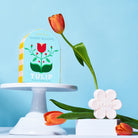 Skandi Blooms tulip product with packaging and soap on a blue background