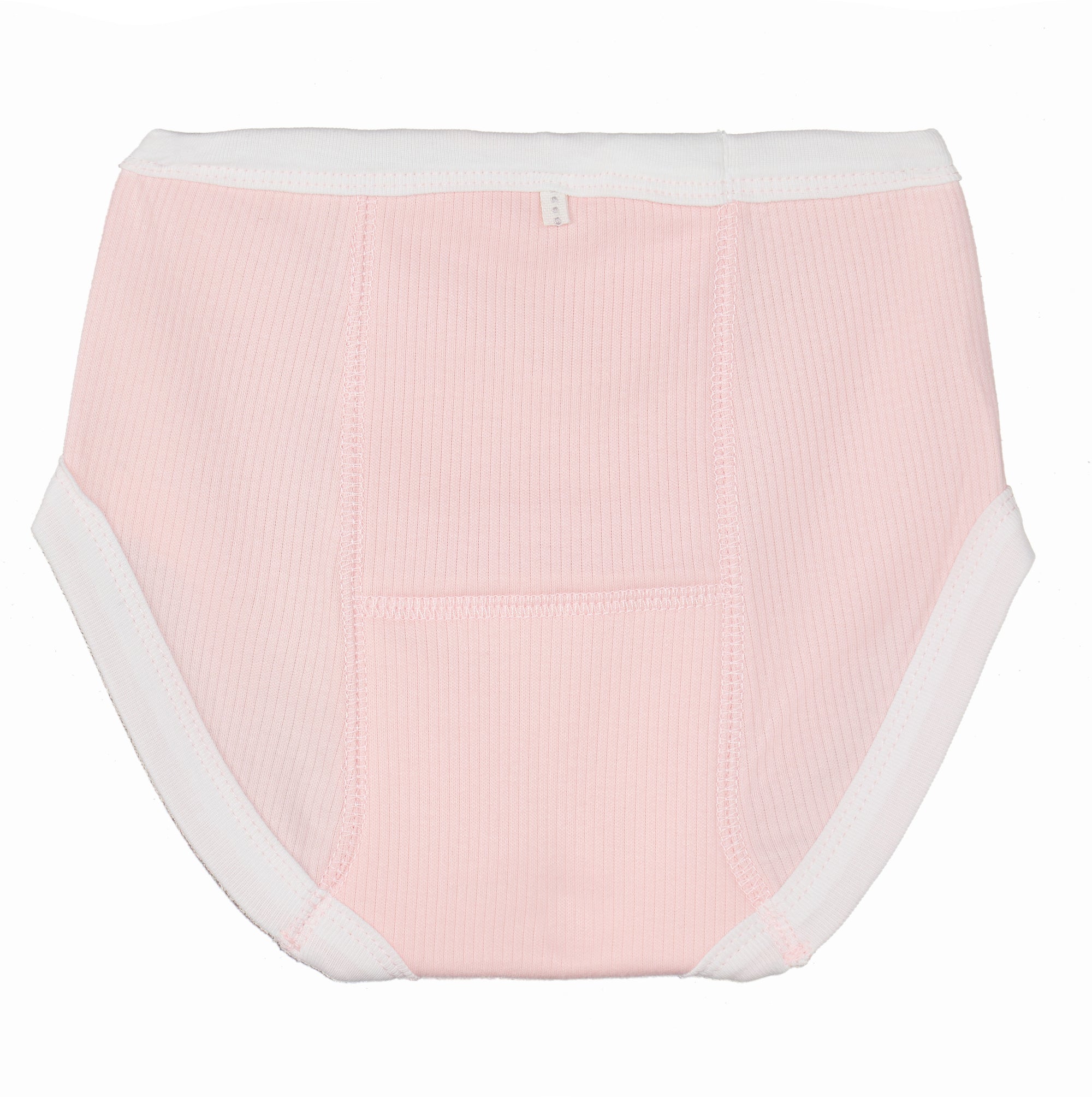 Pink underwear with white trim on a white background